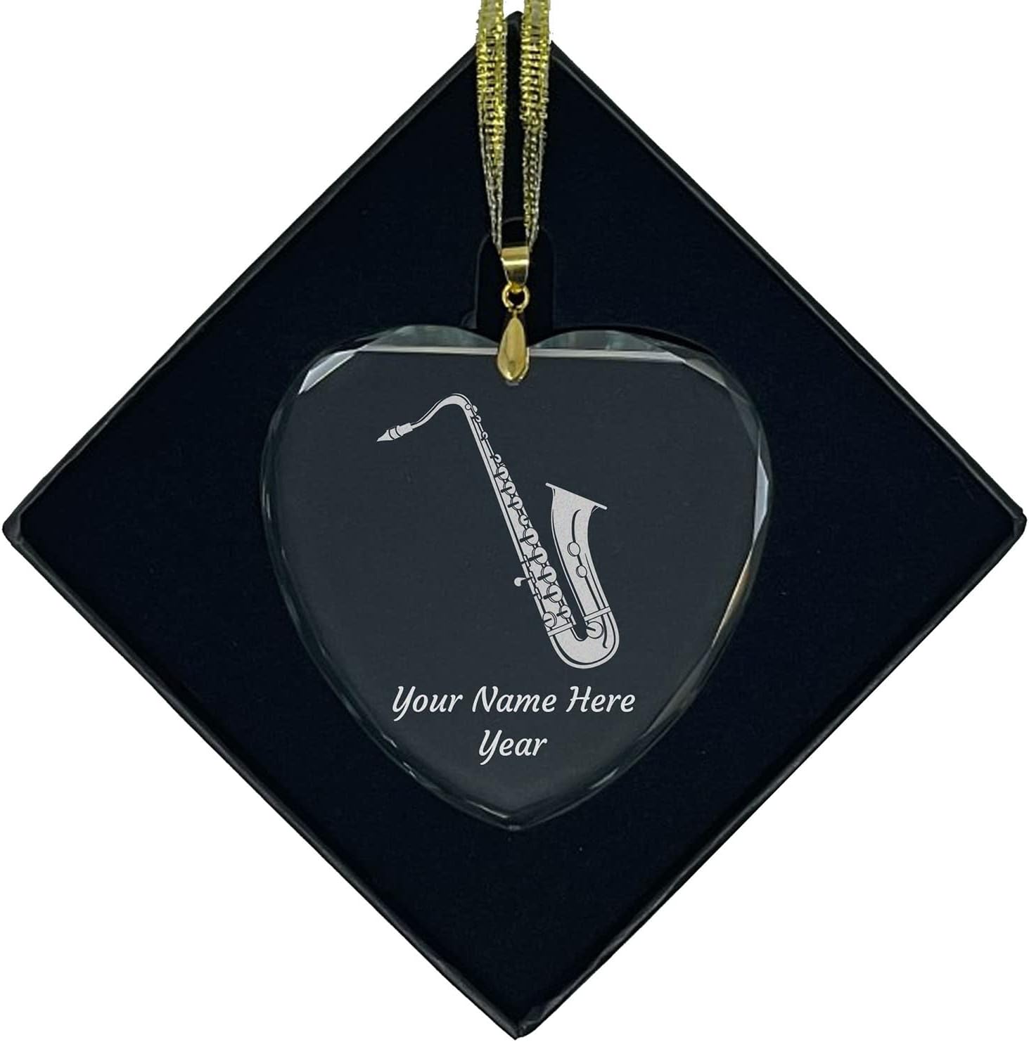 LaserGram Personalized Glass Christmas Ornament,Saxophone, Custom Laser Engraved Gift Idea (Heart Shape)