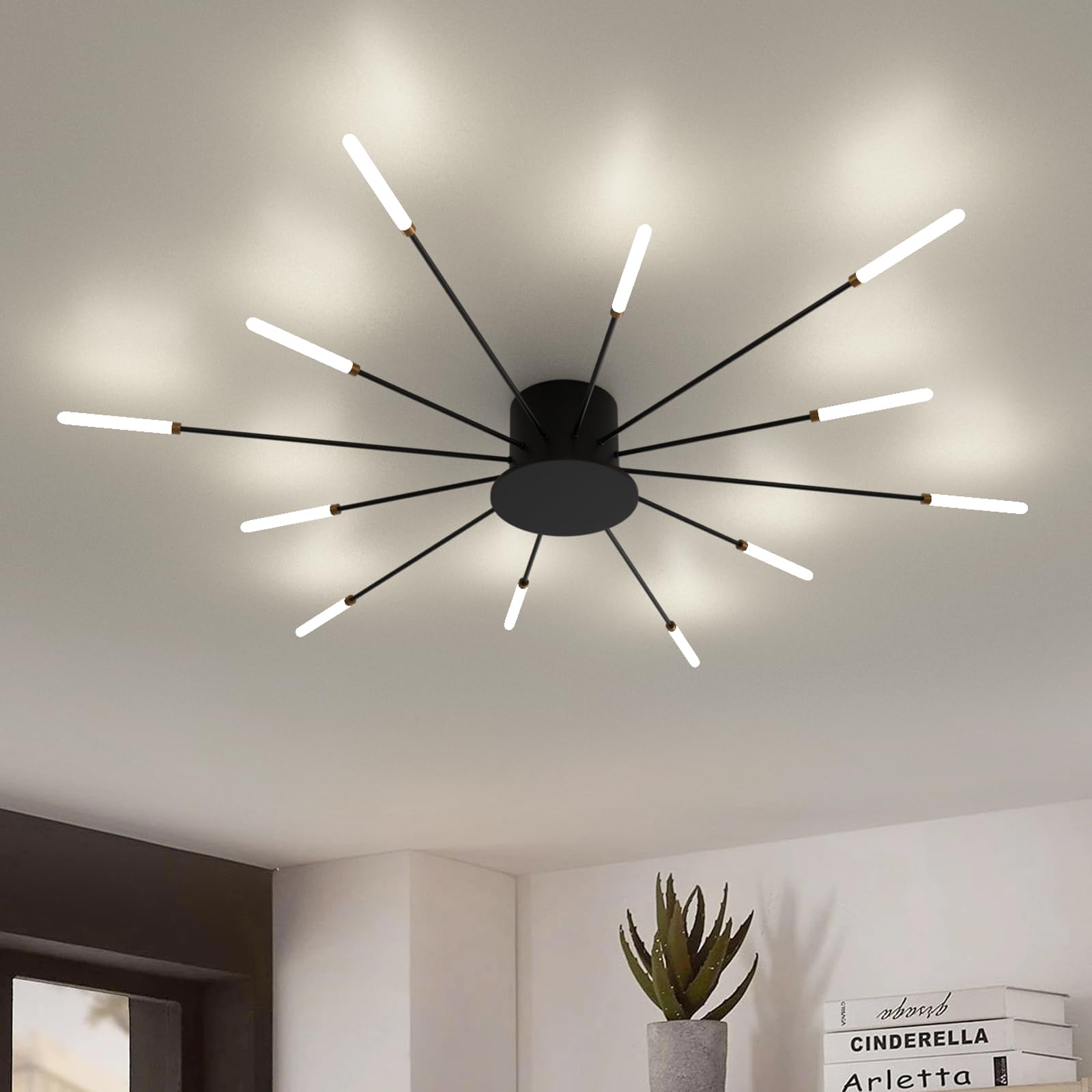 RRBEST Modern LED Ceiling Light,Creative Fireworks Design Chandelier,Living Room Ceiling Lamp,Flush Mount Lighting (Black,12 Heads)