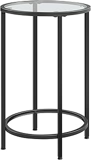 Yaheetech Round Side Table, Small Coffee Table Tall Telephone Table With Sturdy Metal Frame, Modern Bedside Table End Table with Tempered Glass Top, Sofa Table for Living Room/Bedroom, Black