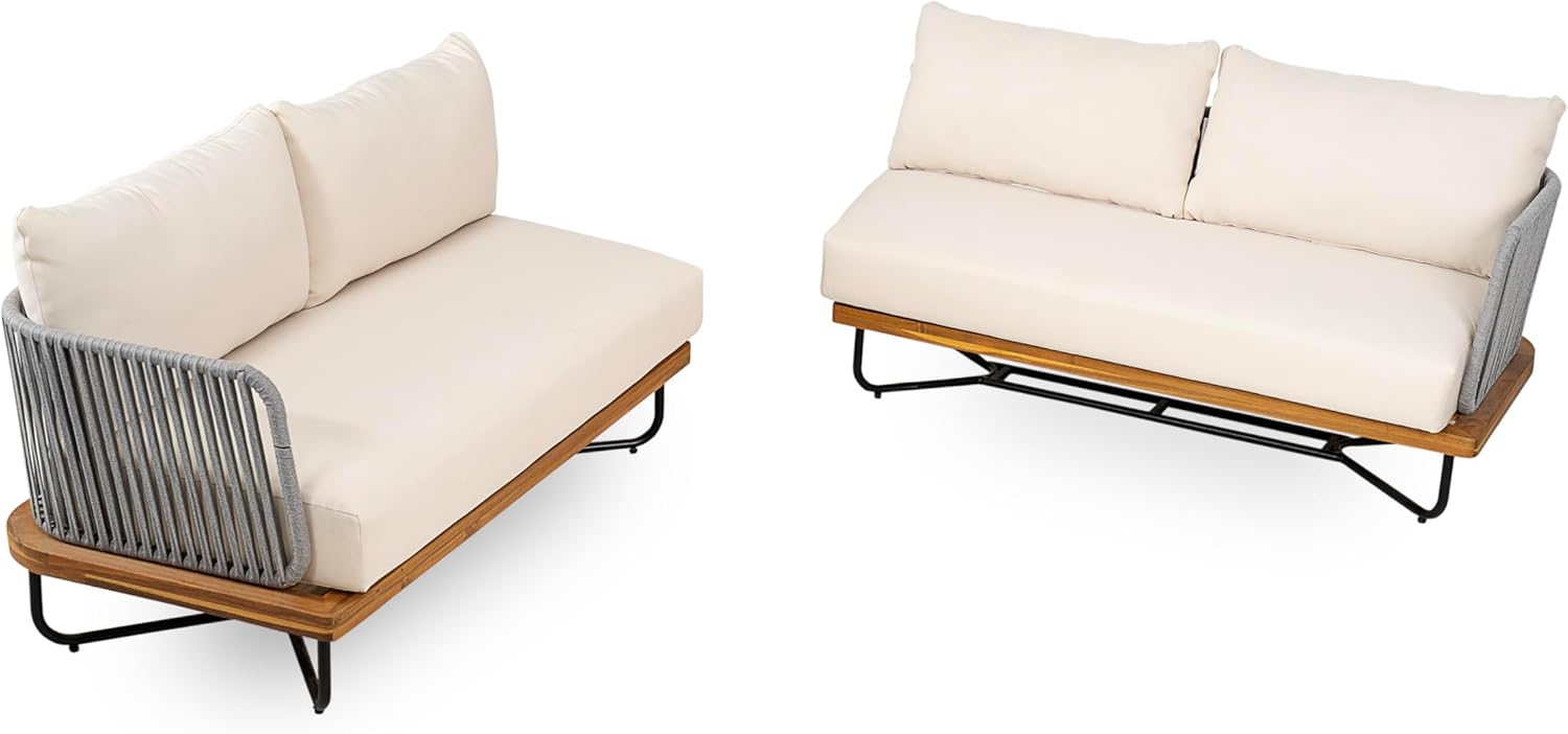 Christopher Knight Home Serena 8 Seater Outdoor Sofa Set with Cushions, Acacia Wood Patio Lounge Sofa with Woven Rope Back, Spacious Seating Couch for Backyard Garden Porch, Teak + Beige