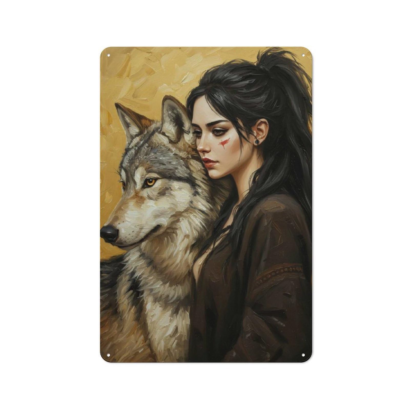 Junmoney Woman And Wolf Portrait Retro Tin Wall Plaque 30X20cm For Home Office Or Studio, Wall Decoration For Home Offices And Studios