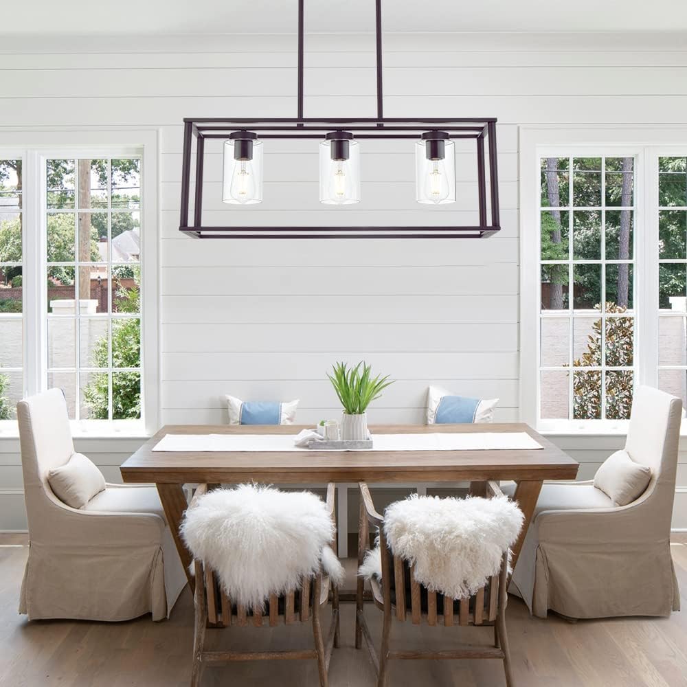 VINLUZ 3-Light Industrial Metal Large Pendant Lighting Oil Rubbed Bronze Modern Linear Chandelier with Clear Glass Shades Farmhouse Rustic Ceiling Light Fixtures Hanging for Dining Room Kitchen Island