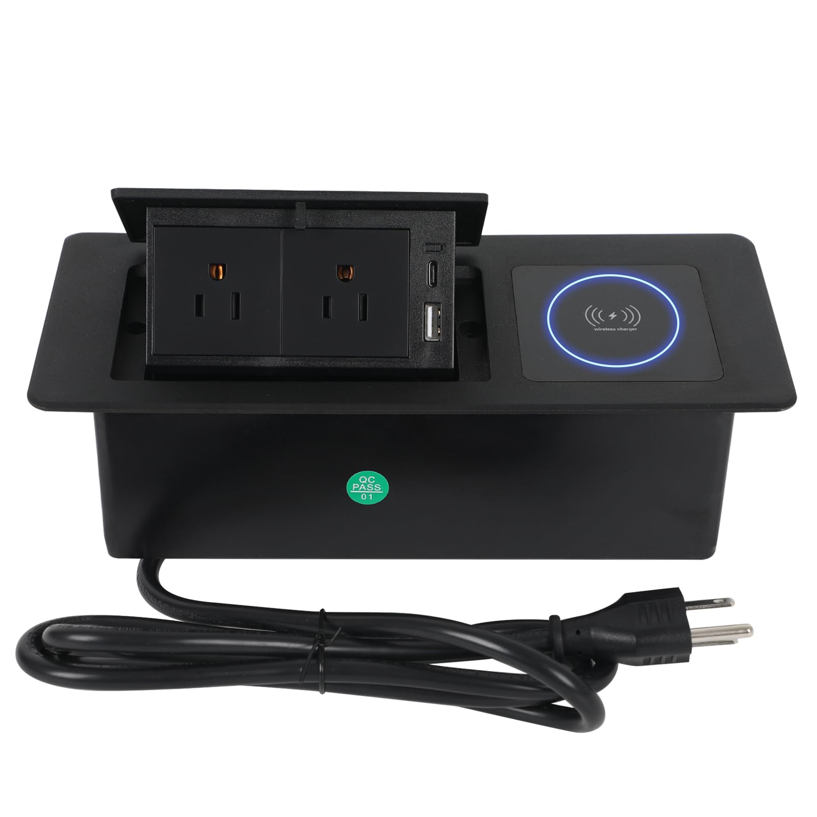 Pop Up Outlet with 15W Wireless Charger, Power Strip with 2 AC Outlets, USB A and USB C Charging Ports Recessed Multimedia Strip Socket Hidden Table