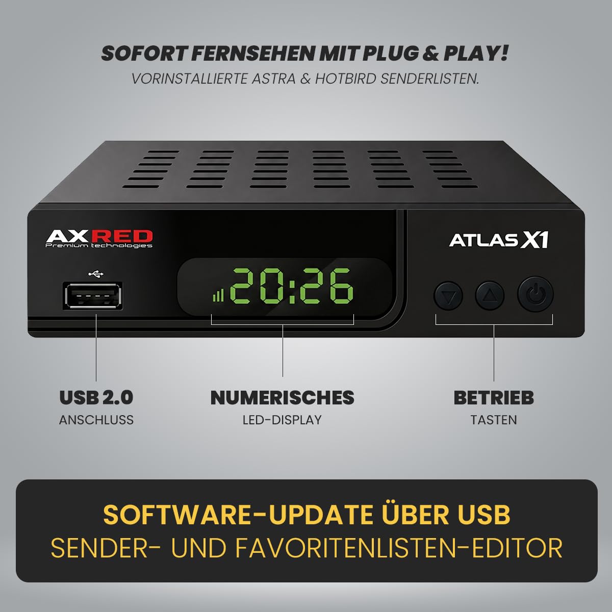 AXRED Atlas X1 + cable HDMI, receptor de satélite HD con función de grabación, Full HDTV, receptor de satélite digital para antena parabólica, TV satélite, receptores HD