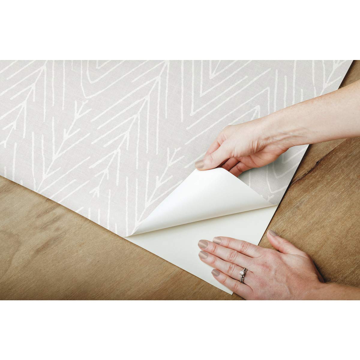RoomMates RMK11672WP Light Gray Twig Hygge Herringbone Peel and Stick Wallpaper, Grey/White, 20.5" x 198" - Image 4