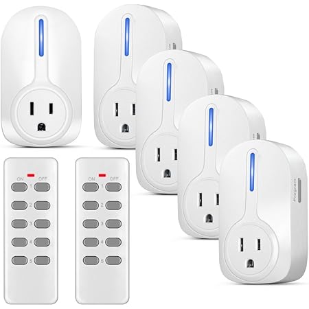 Wireless Outlet Switch with Remote Control - Wirelessly Turn Power On Off Wireless Electrical Outlet Plug for Household Appliances Lamp Light - 5 Pack with 2 Learning Code Remote Control