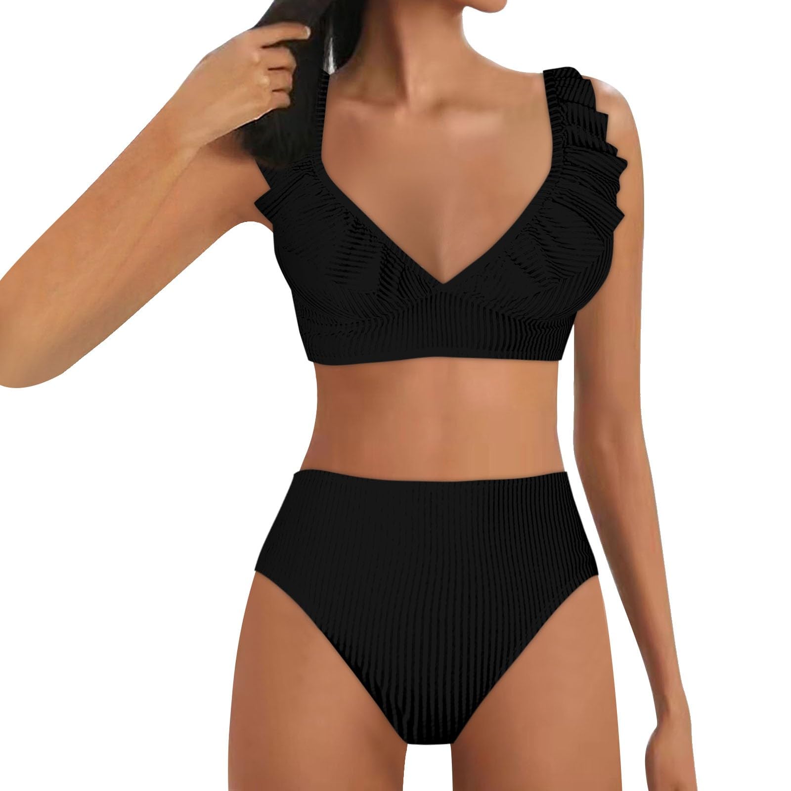 Genérico Conjunto de Bikini de Talle Alto para Mujer Tirantes Ajustables Bandeau Top Traje de baño Plisado Parte Inferior Mujer Bañador de Dos Piezas Bikini Bikini Brasileño Talle Alto