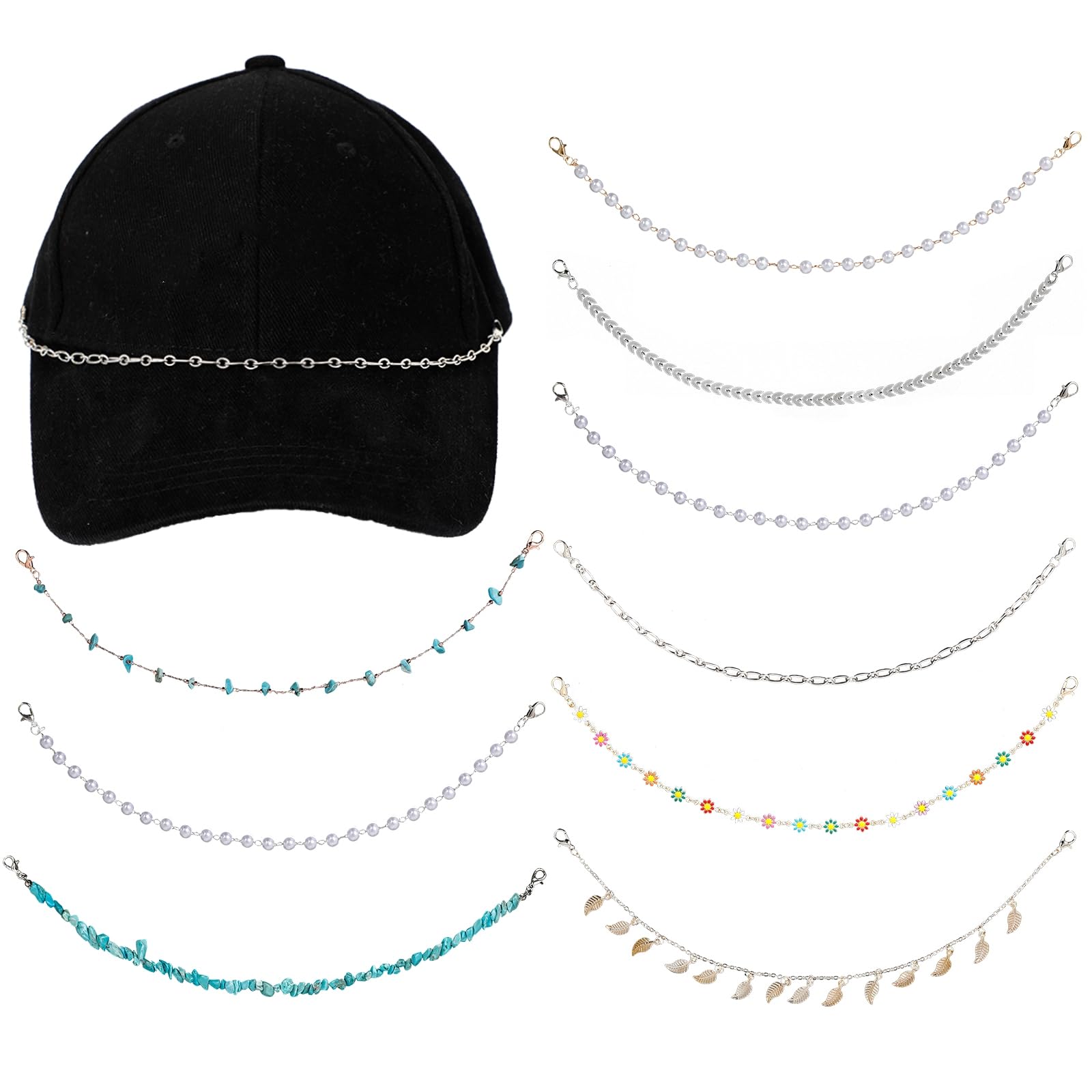 9 PCS Trucker Hat Charms DIY Pearl Turquoise Metal Charms, Brim Chain Trucker Hat Bill Chains for Mesh Baseball Cap Decoration, Necklace, Purse, Bag