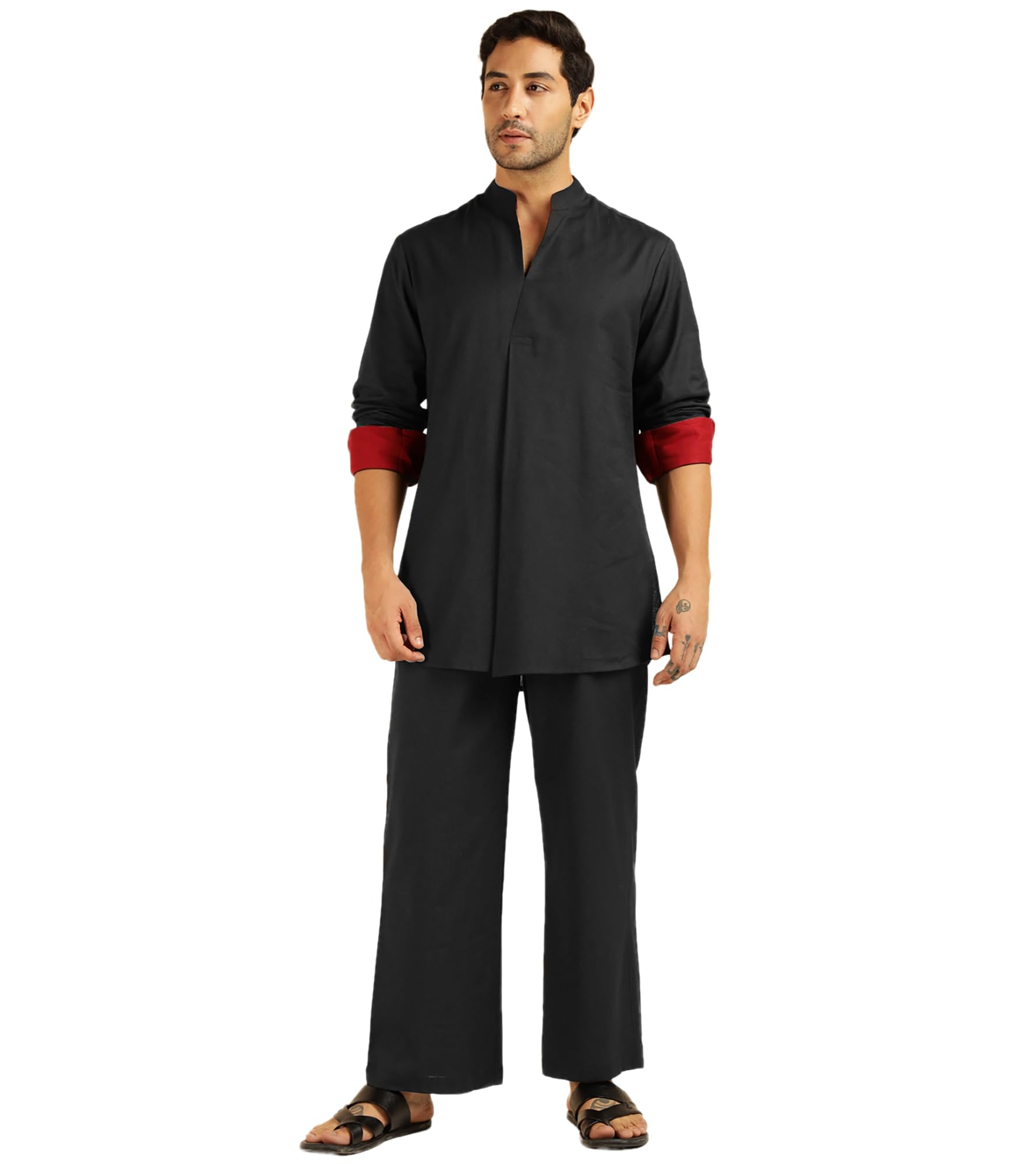 amanush Men's Striped with Solid Pure Cotton Co-Ord Set For Men|2 Piece Sets|Trouser & Shirts Combo|Vacation Dress|Casual|Latest|New (Black)-picture-18