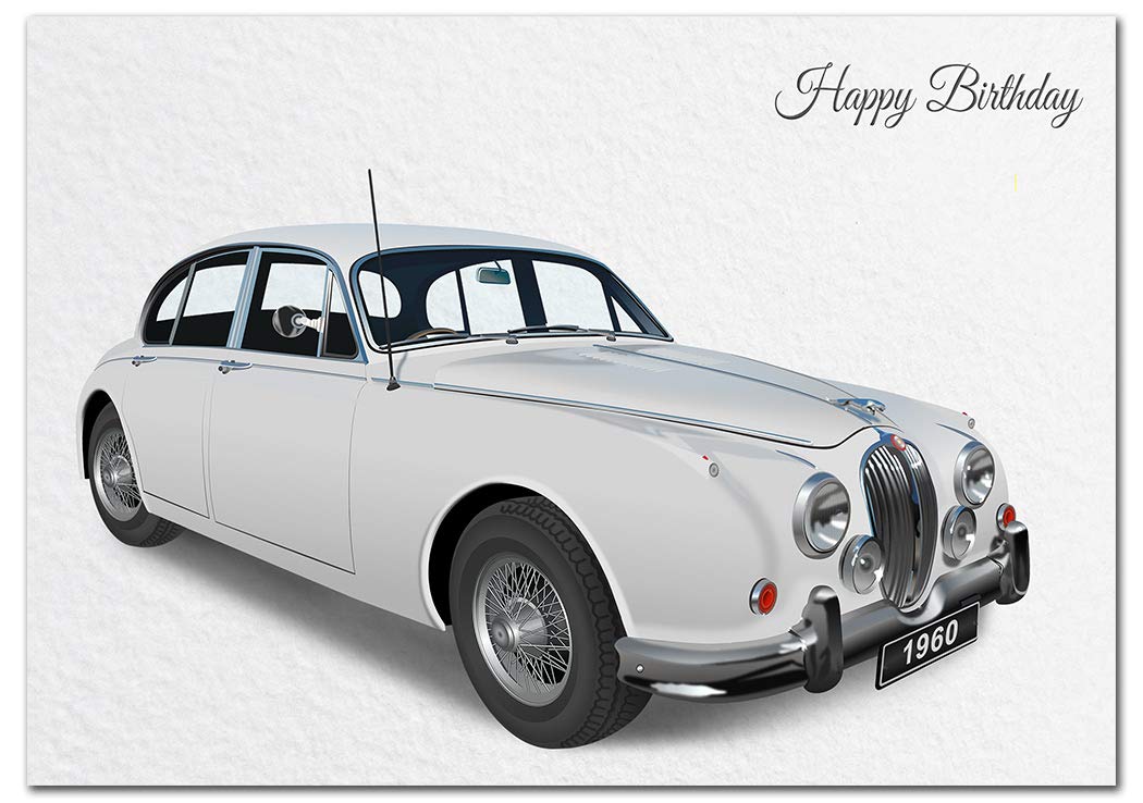 Extra Large Male Birthday Card - XL Big thick A4 size - Special Traditional Bday Greeting Men Him - Unusual Cool Art Classic white 1960 Jag Car - Huge Happy Wishes - UK Eco-Friendly