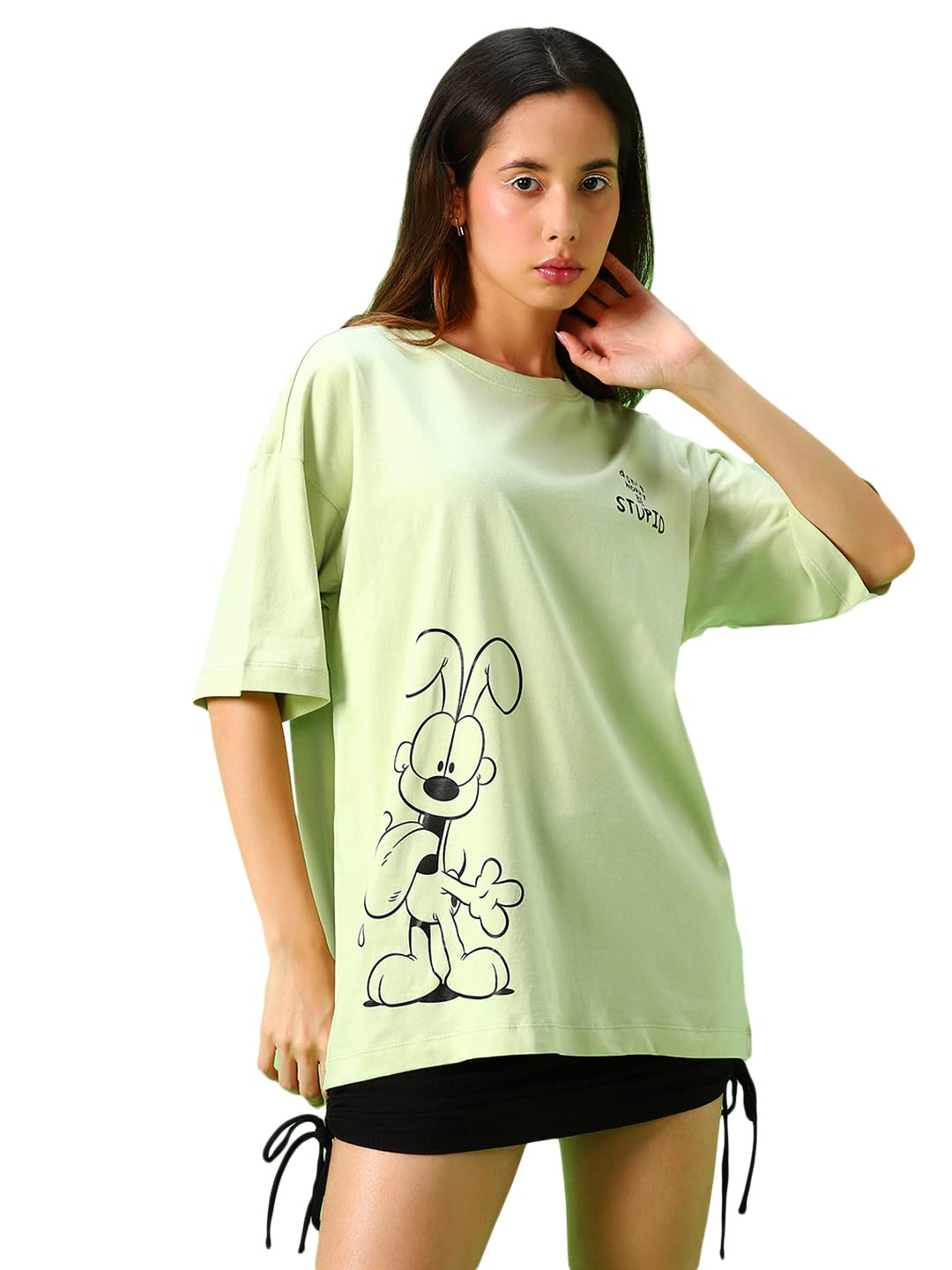 BewakoofOfficial Garfield Merchandise Women's Graphic Printed Oversized Fit Half Sleeve Round Neck Cotton Jersey T-Shirt