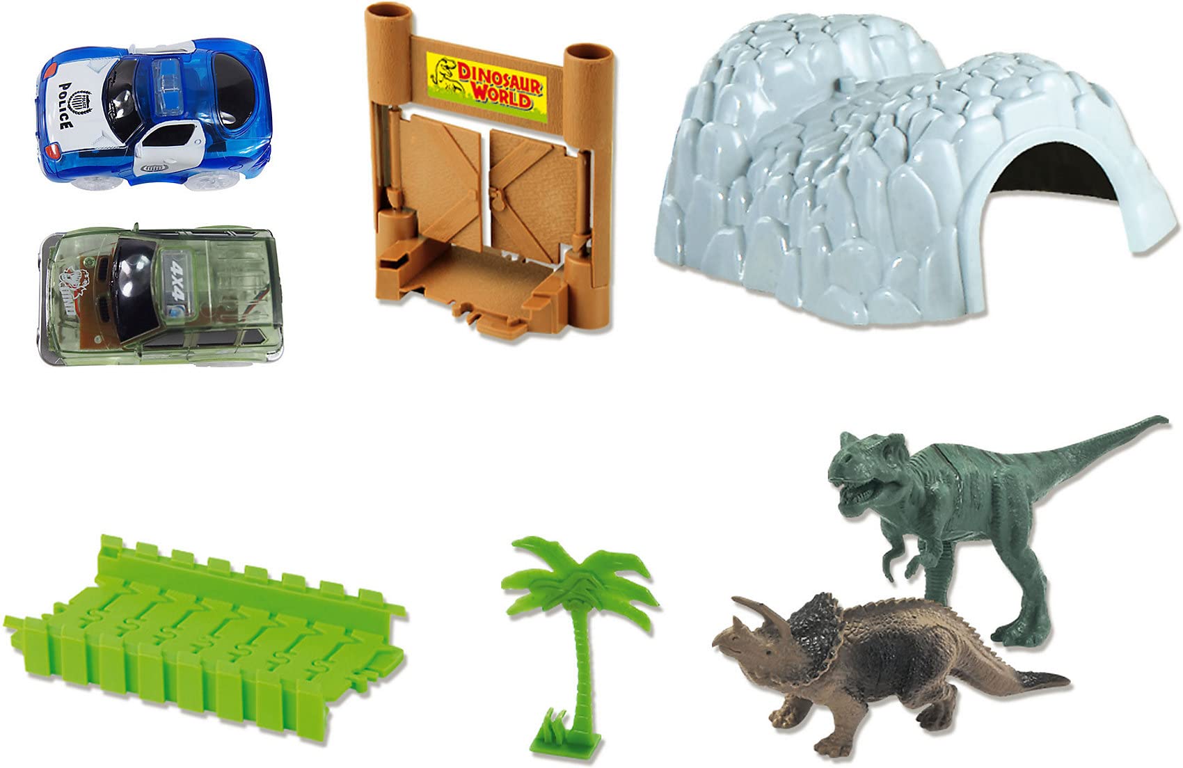 Amewi 100651 tor wyścigowy Magic Traxx, wyścigi samochodowe w parku Dino, 374 części mega zestaw z tunelem i pudełkiem do przechowywania