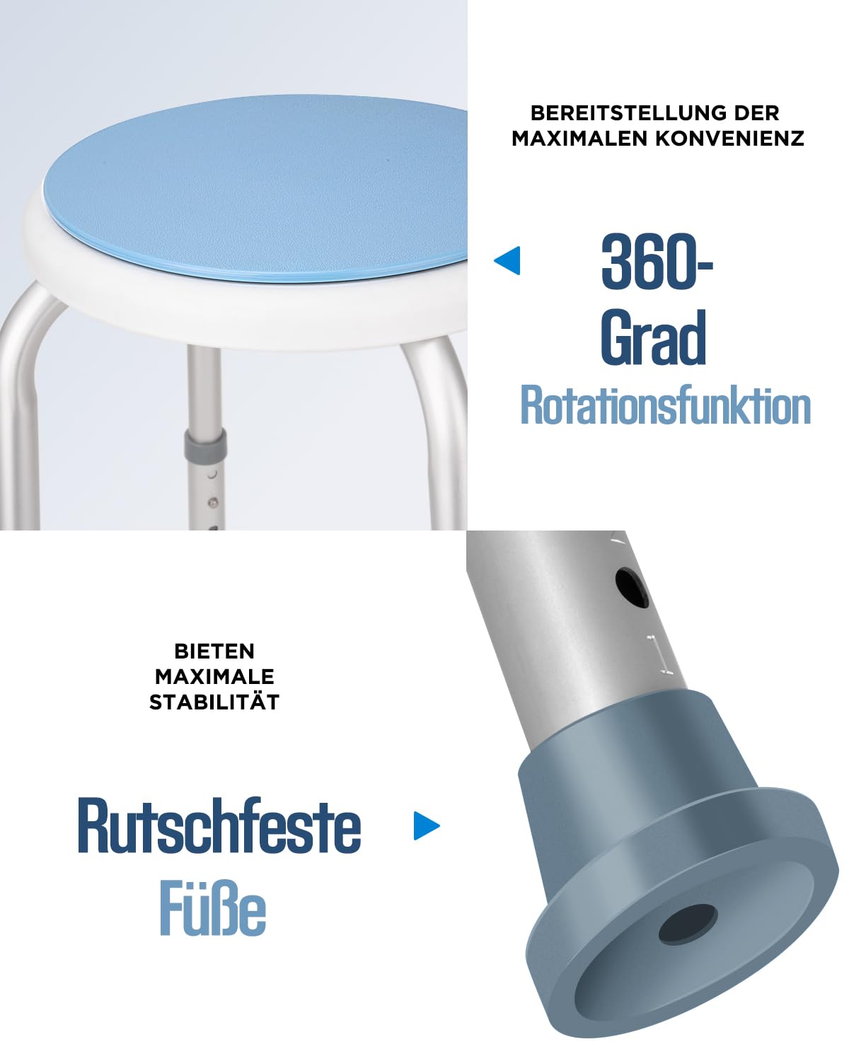 Runder Duschhocker, Duschstuhl für Senioren 150KG Belastbar, Höhenverstellbar 33-52cm, Aluminium Duschsitz, Badestuhl, Badehocker für Badewannen