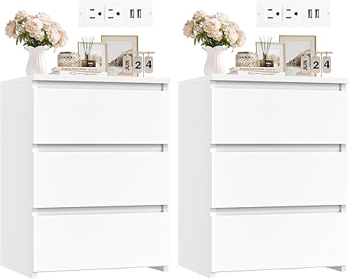 FOTOSOK Juego de 2 mesitas de noche blancas de 26 pulgadas de alto con estación de carga, juego de 2 mesas de noche con puertos USB y tomas de