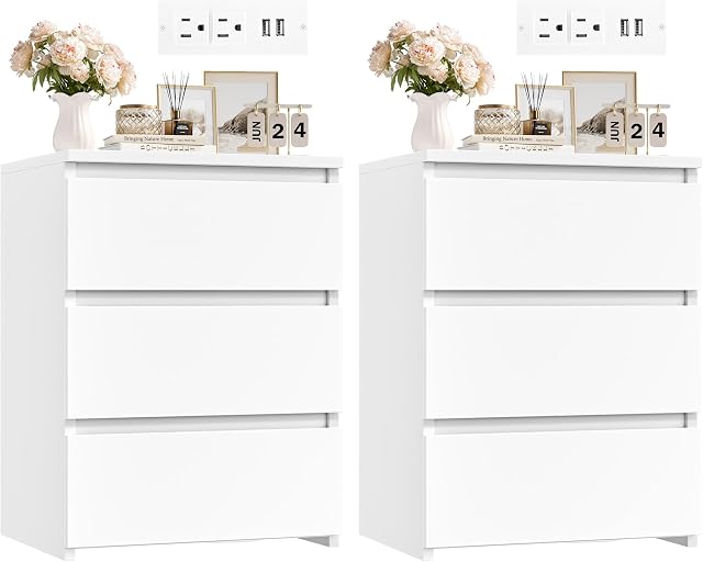 FOTOSOK White Nightstand Set of 2, 26" H White Night Stand with Charging Station, Nightstand Set 2 with USB Ports & Power Outlets, Silent Slides, Wooden End Side Table Bedside Table for Bedroom
