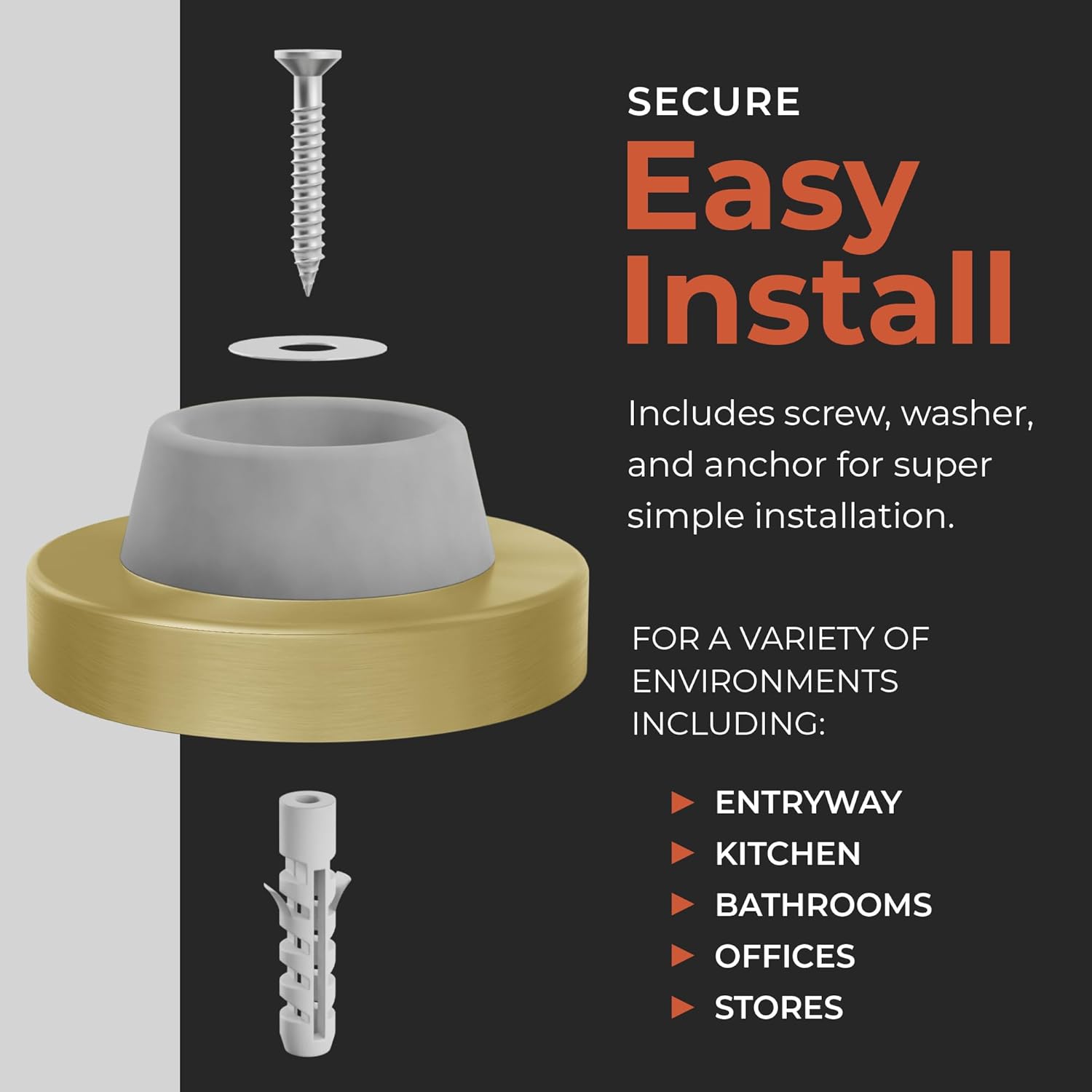 Stainless Steel & Rubber Wall-Mounted Door Stopper by NYCO Architectural Hardware- Heavy Duty Round Door Bumper for Wall & Door Protection- Modern Universal Door Slam Stopper (Satin Brass Grey Rubber)