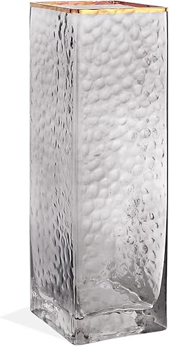 Florero de cristal transparente martillado con decoración de borde dorado, florero cuadrado con arreglo floral para decoración de oficina en casa,