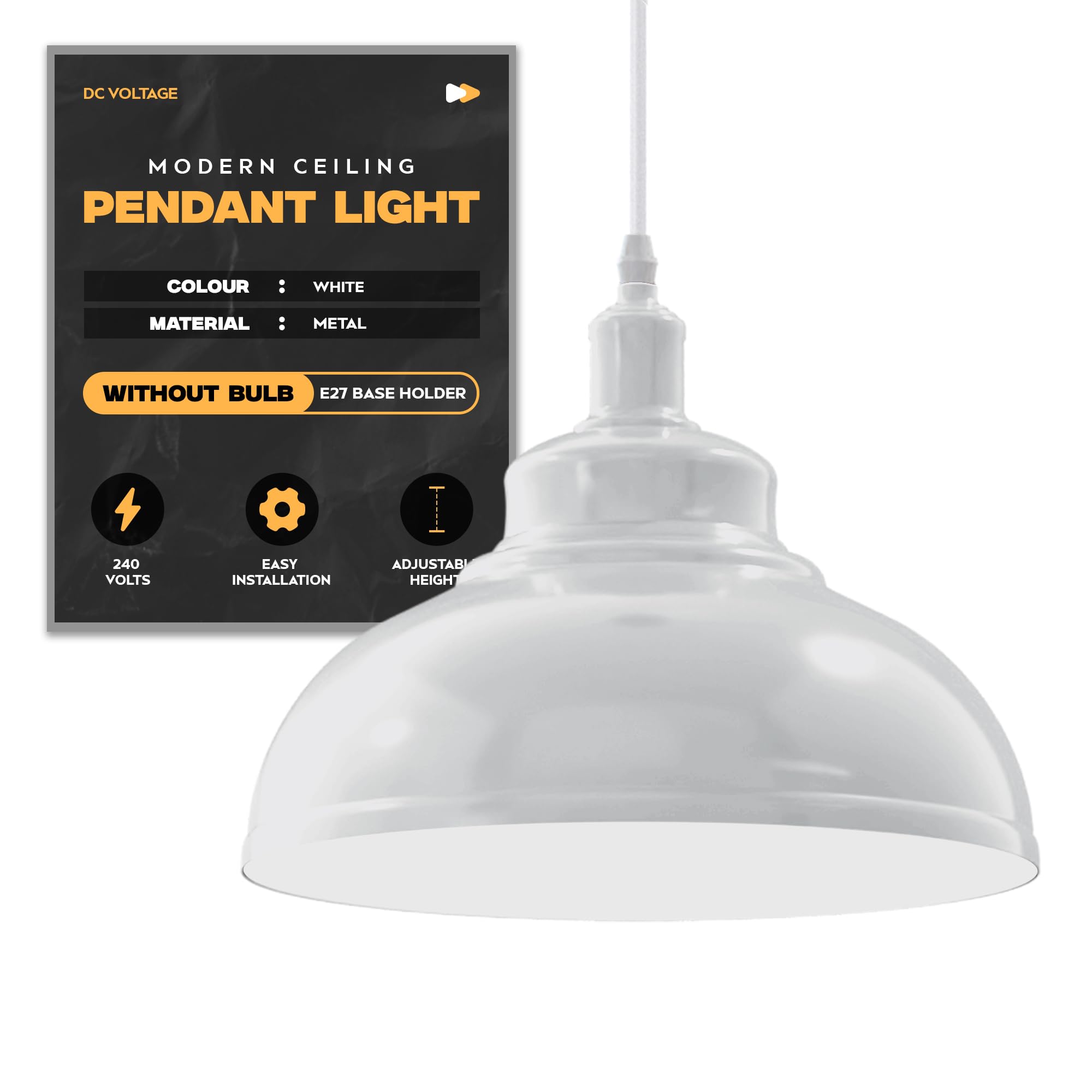 DC VOLTAGE Modern Ceiling Pendant Light White Metal Lampshade Easy Fit E27 Base with Adjustable Cable Hanging Light Fitting for Kitchen Living Room Bedroom Restaurant Office Bar — image 1
