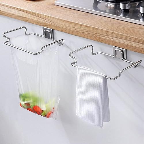 Miniatura 6 de Organizador de almacenamiento de bolsas de basura colgantes, soporte para bolsas de basura de acero inoxidable, toalla, guantes, colgador para