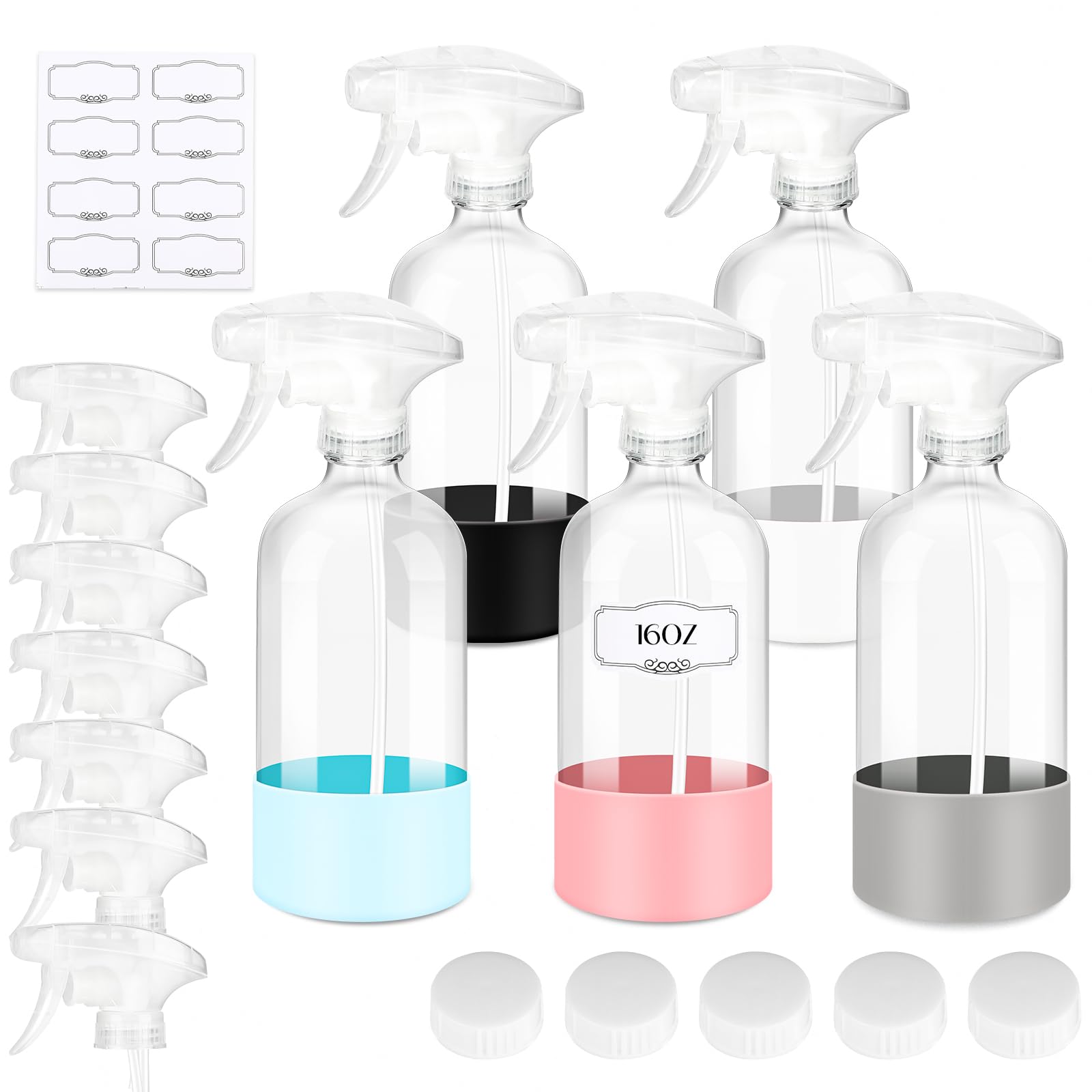 5 PACK/16 OZ Glass Spray Bottles with Upgraded Adjustable Spray Nozzle,Refillable Containers with Silicone Sleeve,Spray Bottle for Hair&Cleaning Solutions&Essential Oils-Pink Blue Gray Black White