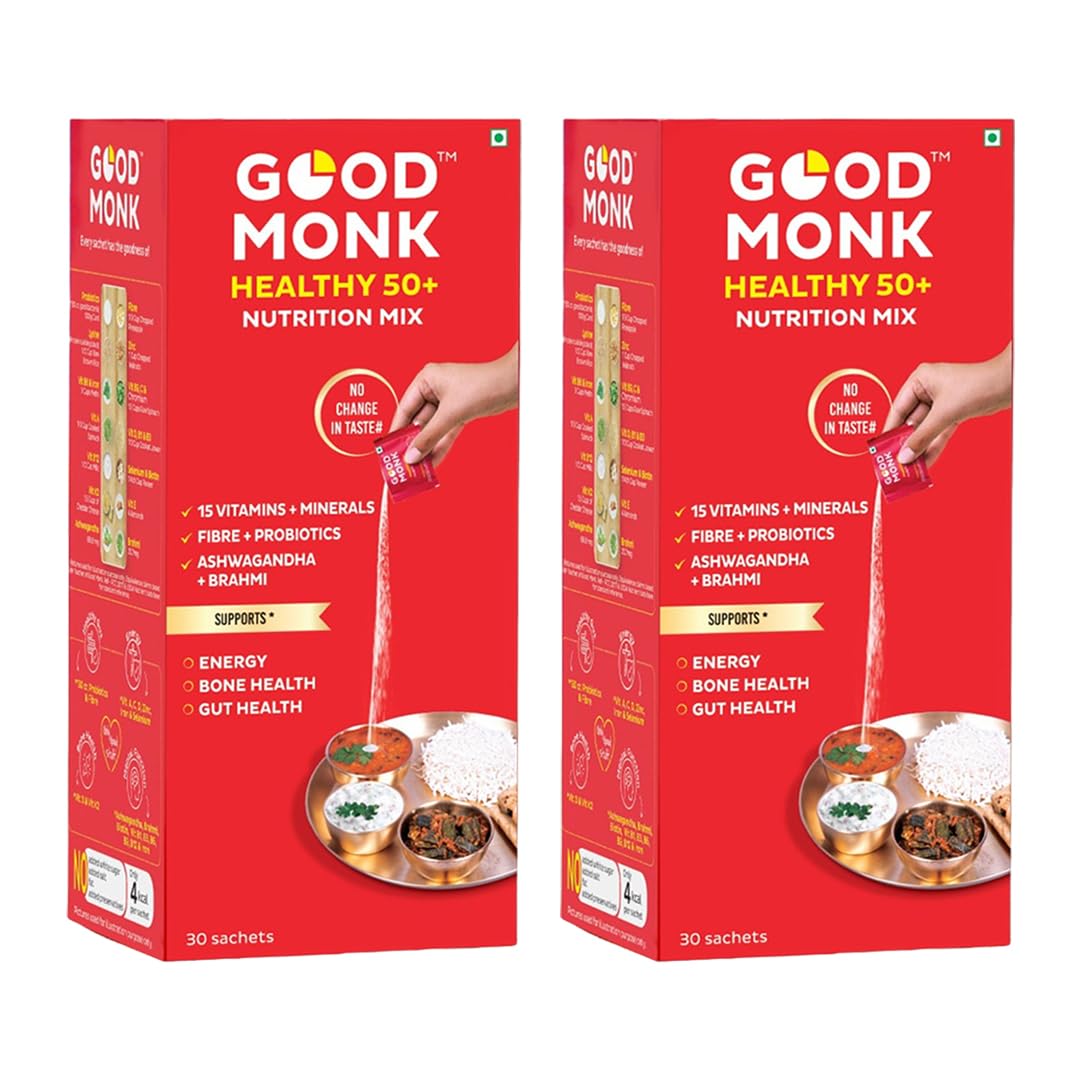 - Good Monk Healthy 50+ Multivitamin for Senior Men & Women | For Energy, Bone & Gut Health | With Probiotics, Fibre, Ashwagandha, Vit. B12, C, D, Iron, Zinc | Add To Food - No Taste Change | 60 Sachets