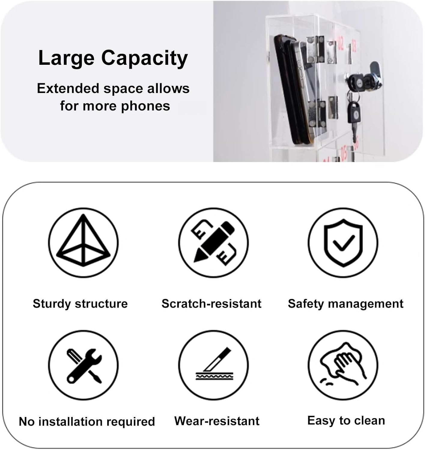 Acrylic Cell Phone Locker Box with Lock Key Wall Mounted Organizer for 3/4/6 Phones Desktop Storage Solution for Office Classroom Entrance,34X7X19Cm