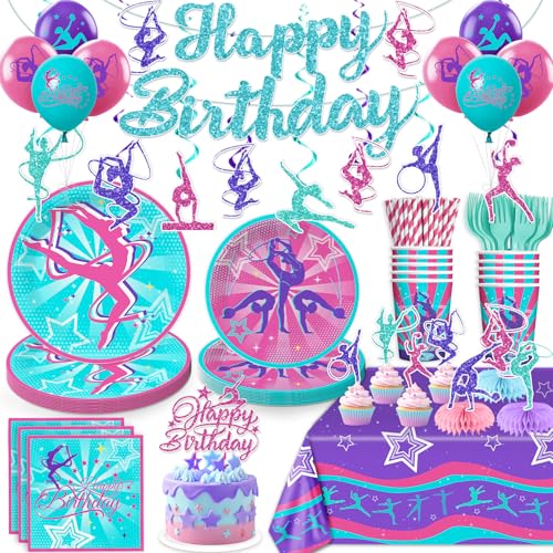 Yingoto 170 PCS Gymnastics Birthday Party Decorations, Serves 20 Guests, with Banner, Balloon, Cake Topper, Plates and Napkins, for Gymnastics Party Decorations