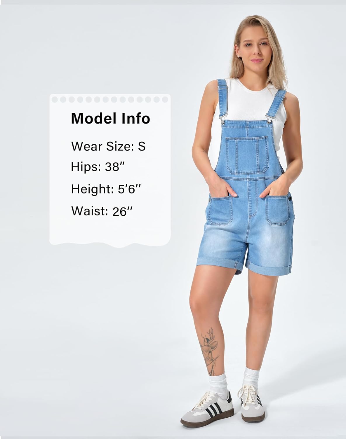 roswear Denim Overall Shorts for Women Stretchy Jumpsuits with Adjustable Strap Cuffed Hem - Image 4