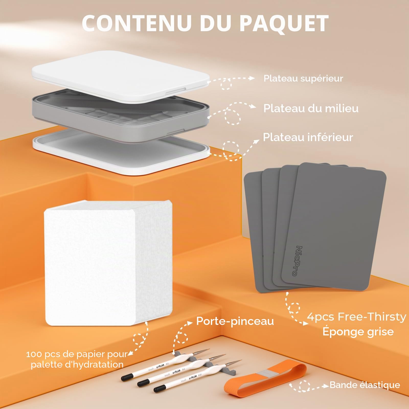 Nicpro Stay Wet Palette pour peinture miniature, plateau acrylique avec couvercle, 100 pièces de papier humide, 4 éponges, porte-pinceau