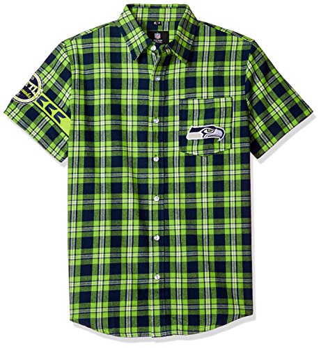 FOCO Seattle Seahawks Wordmark Basic Flannel Shirt - Short Sleeve Small