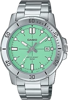 Casio MTP-VD01D-3E1V Erkek Enticer Paslanmaz Çelik Açık Yeşil Kadran Günlük Analog Sportif Saat, Yeşil, yeşil, bileklik