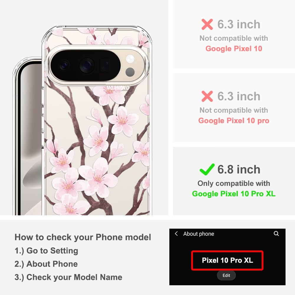 MOSNOVO Case for Google Pixel 10 & Pixel 10 Pro, [Buffertech 6.6ft Military-Grade Drop Protection] [Anti Peel Off Tech] Clear TPU Bumper Phone Case Cover Design - Cute Cherry — view 384