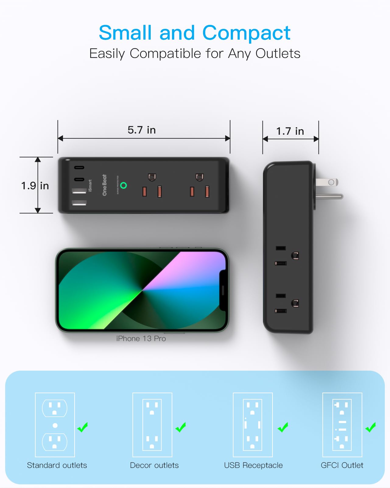 Surge Protector Outlet Extender - with Rotating Plug, 6 AC Multi Plug Outlet with 3 USB Ports (1 USB C), 1800 Joules, 3-Sided Swivel Power Strip with Spaced Outlet Spaced Outlet Splitter for Dorm