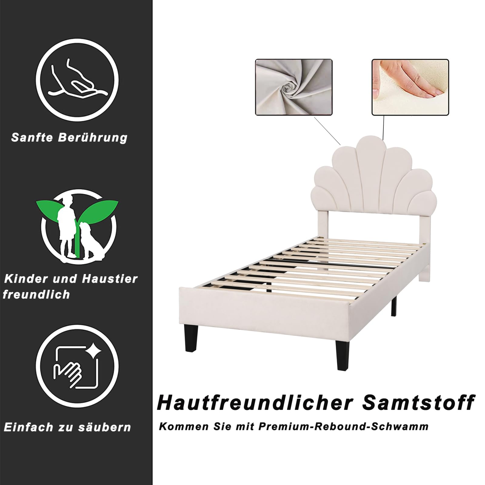 Generisch Kinderbett 90 x 200 cm, Weiß Prinzessinnenbett, Polsterbett, Einzelbett, Jugendbett mit Kopfteil in floral und Lattenrost, gepolstertes Bett aus Samt für Kinder, Jugend