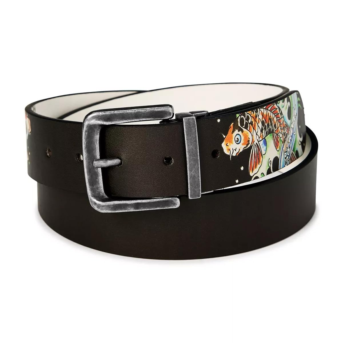 ED HARDY Men's 38mm Koi & Skull Print Graphic Twist Reversible Belt, Black/White, 42