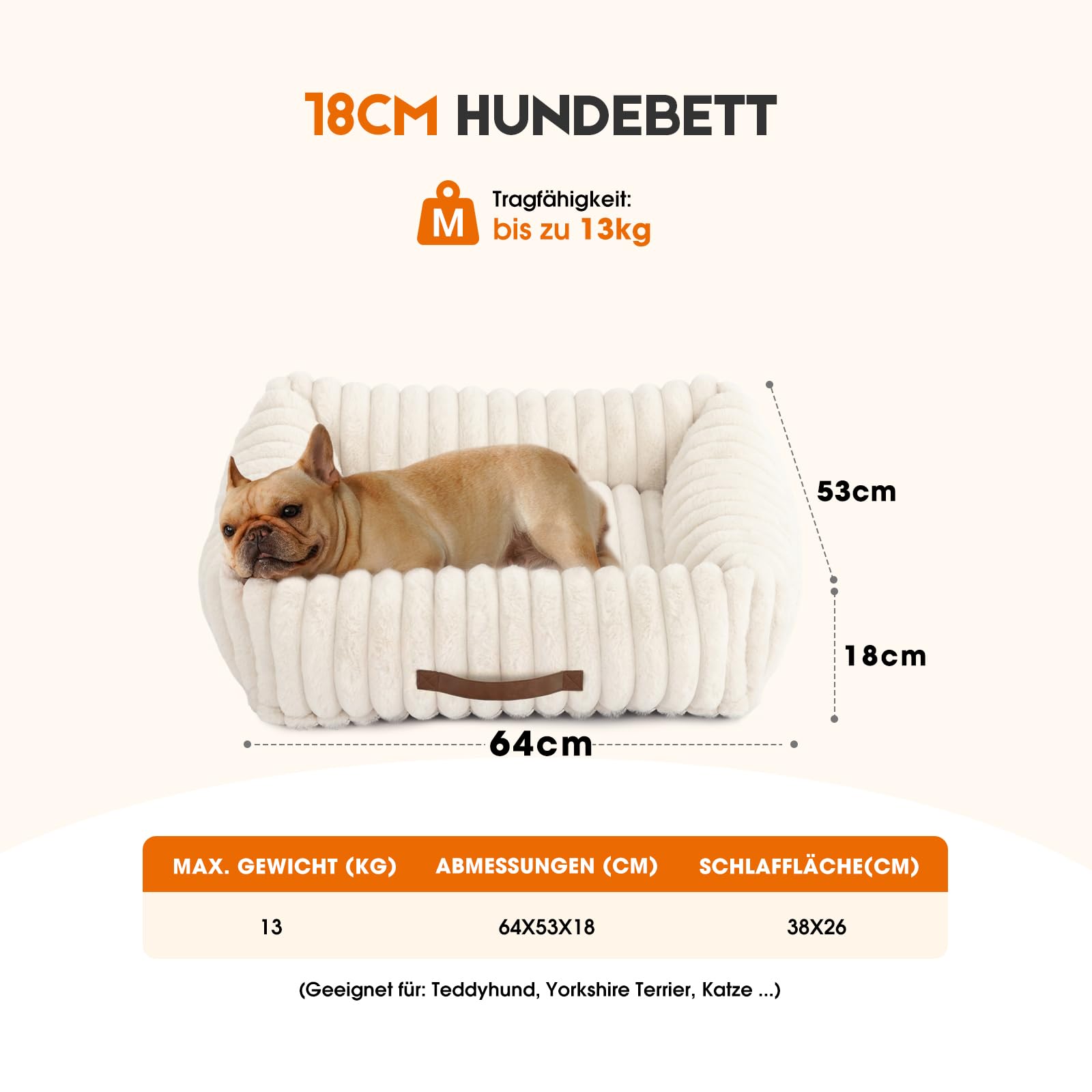 Upvilla Luxusweicher Hundekorb, Katzenbett, Super Weiches Hundebett kleine Hunde, 4-seitiges Nackenkissen, Abnehmbare Waschbare Hundematte, Hundesofa mit Griffen, Haustierbett (Beige, 64 * 53 * 18cm)