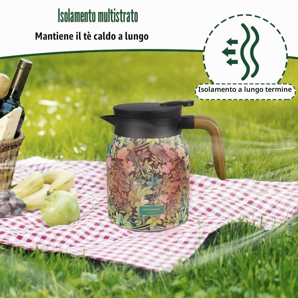 Caraffa Termica per il Tè, 800 ML Thermos a Motivo Floreale in Acciaio Inossidabile 316, Brocca Teiera Termico per Tè con Filtro per il Tè Rimovibile e Coperchio, Caffè, Bevande Calde