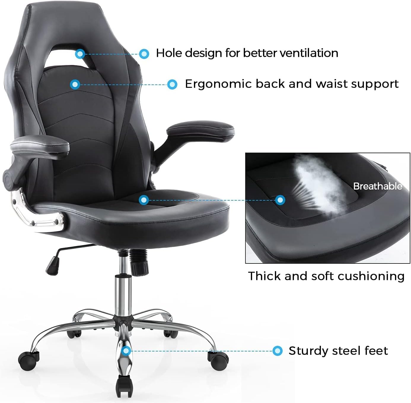 Office Gaming Chair - Ergonomic Computer Desk Chairs with Flip-up Armret, Executive Swivel Task Chairs, PU Leather, Thick Padding