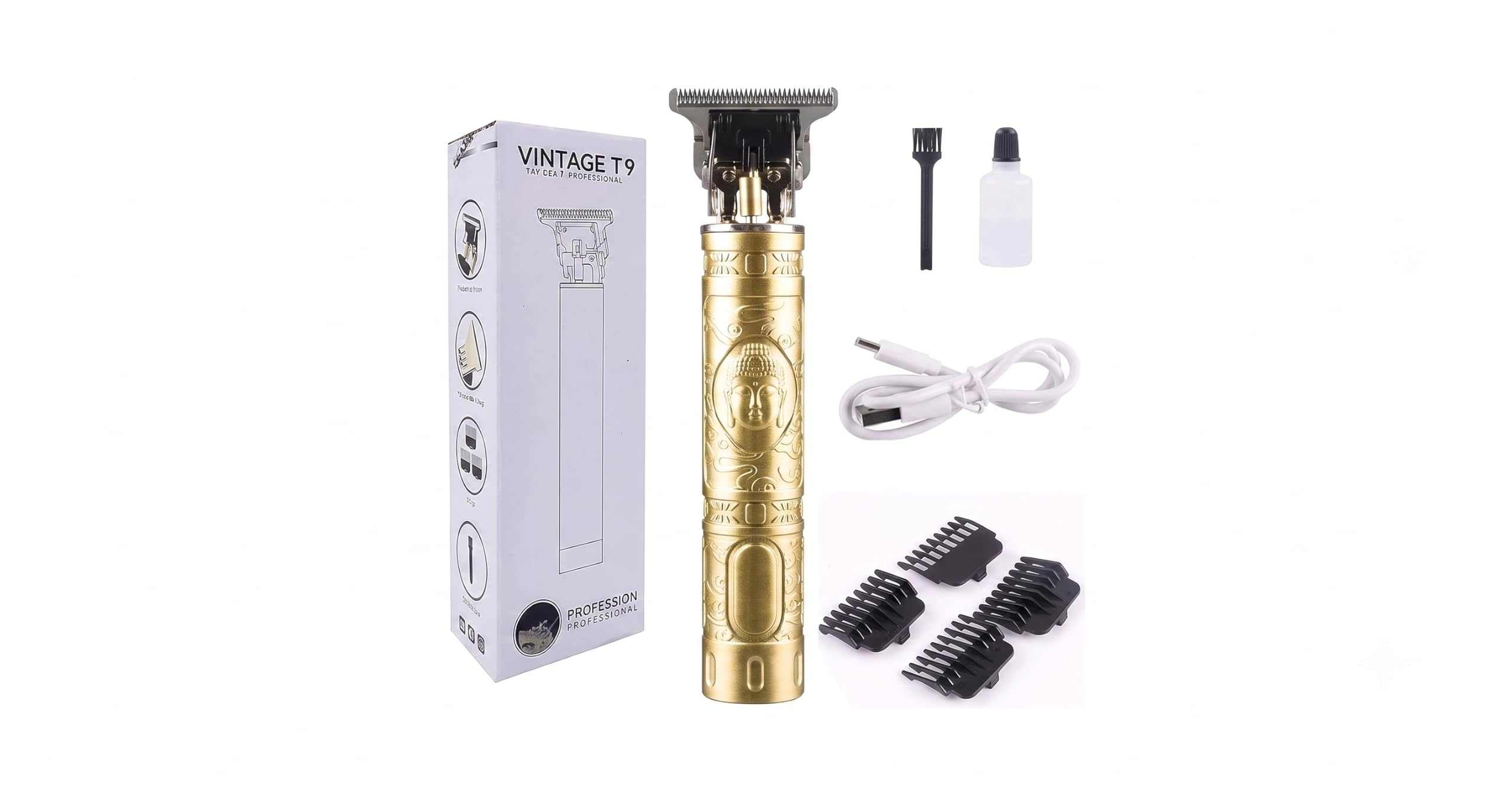 Vintage T9 Professional Hair Trimmer, Gold Buddha Design | USB Rechargeable, T-Blade Clipper, 3 Guide Combs, Cordless Use, Men's Grooming-image-35