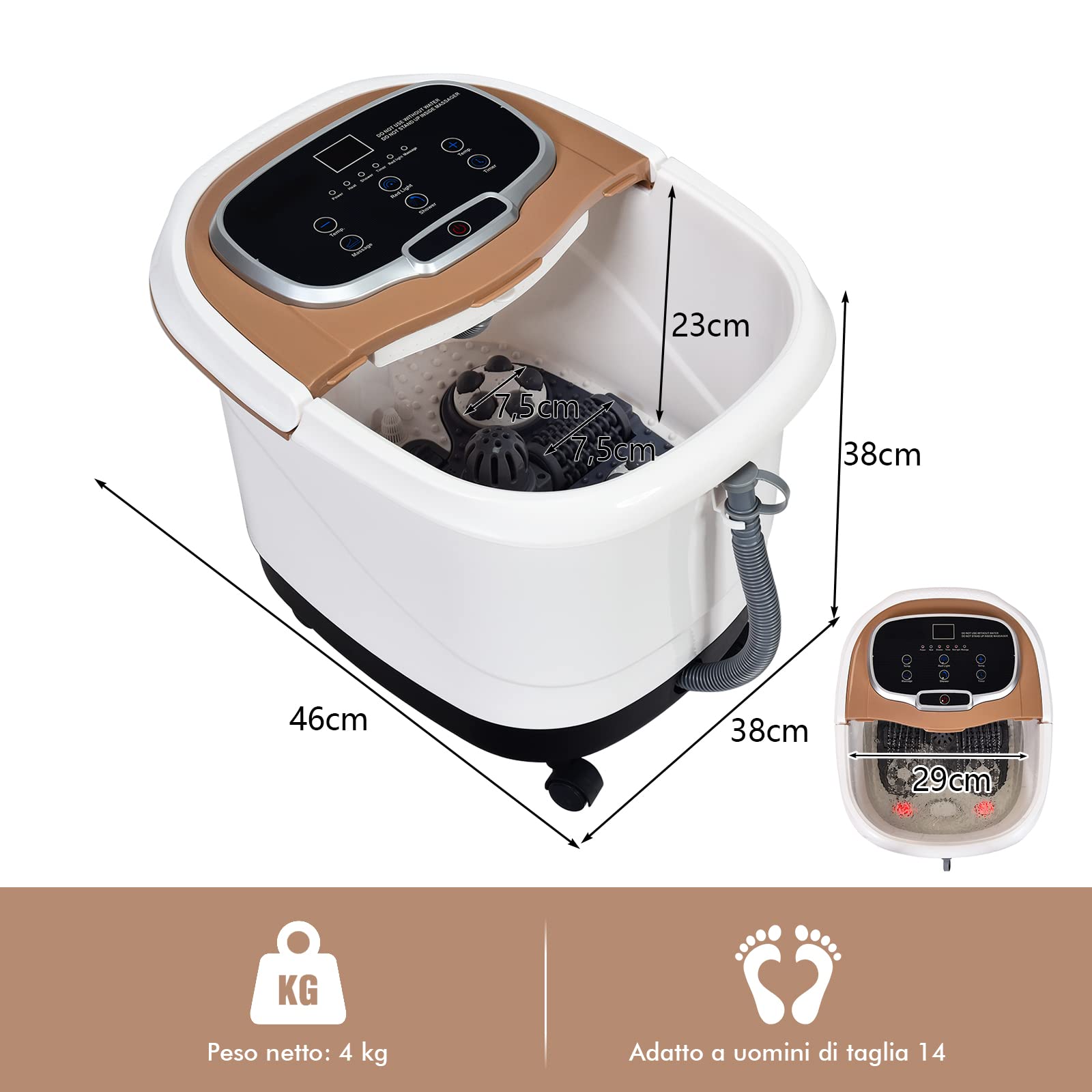 RELAX4LIFE Pediluvio Idromassaggio Elettrico 3 in 1 con Doccia, Riscaldamento Rapido e Mantenimento Temperatura, Sterilizzazione a Infrarossi e Timer 60min, Copertura con Rotelle