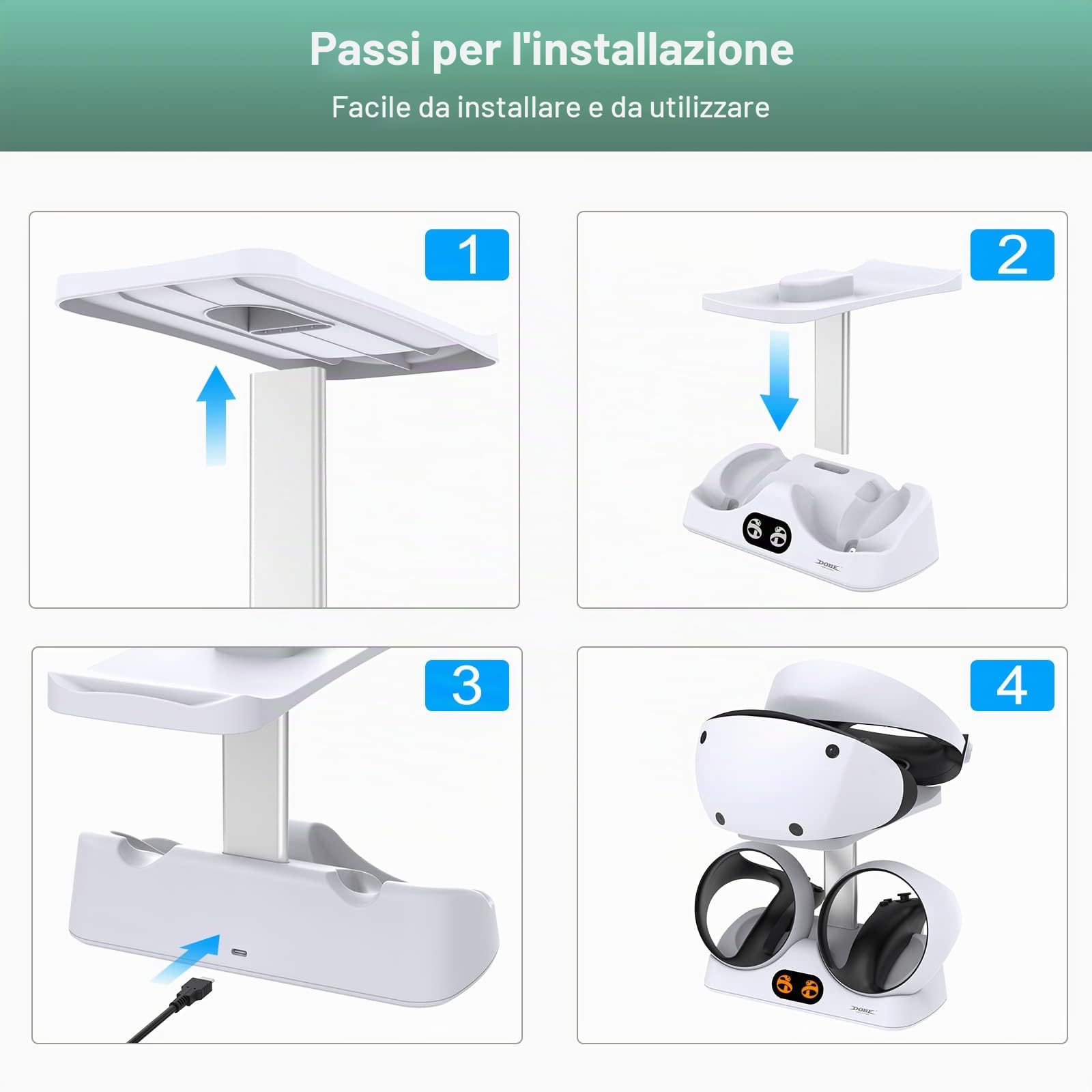 FASTSNAIL Doppio supporto di ricarica per PS VR2, stazione di ricarica controller per cuffie da gioco PSVR2 con porta USB-C magnetica, accessori da gioco per PS5