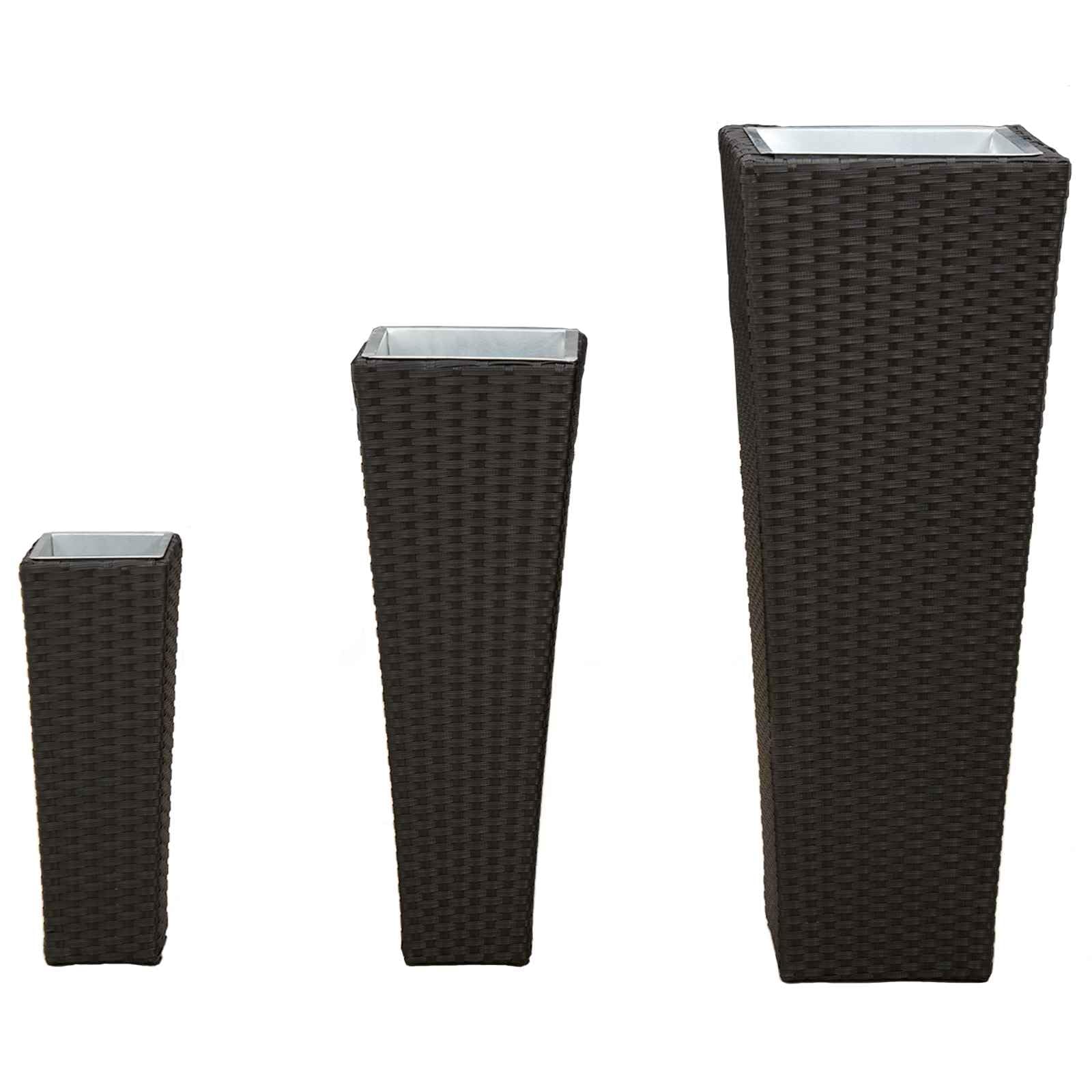 3er Set Pflanzkübel aus Metall Rattan-Optik Blumenkübel Schwarz | Stilvolle Blumenständer für Terrasse und Garten mit herausnehmbaren Innentöpfen für mühelose Pflanzenpflege.