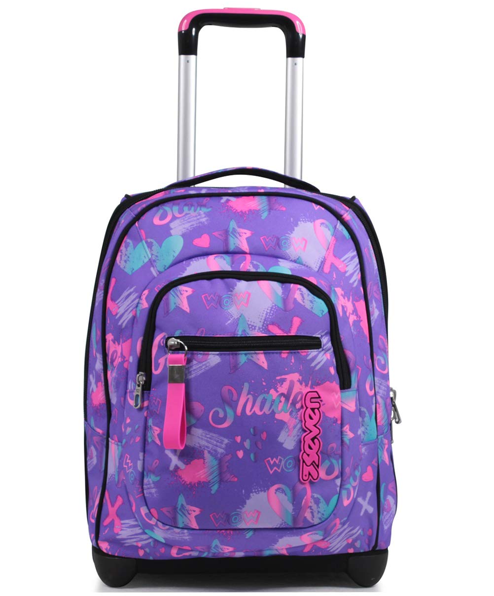Seven Zaino Trolley, Scuola Elementare, Doppio Uso, Doppio Scomparto, Spallacci a Scomparsa, Bambina, Iridescent, nero/rosa