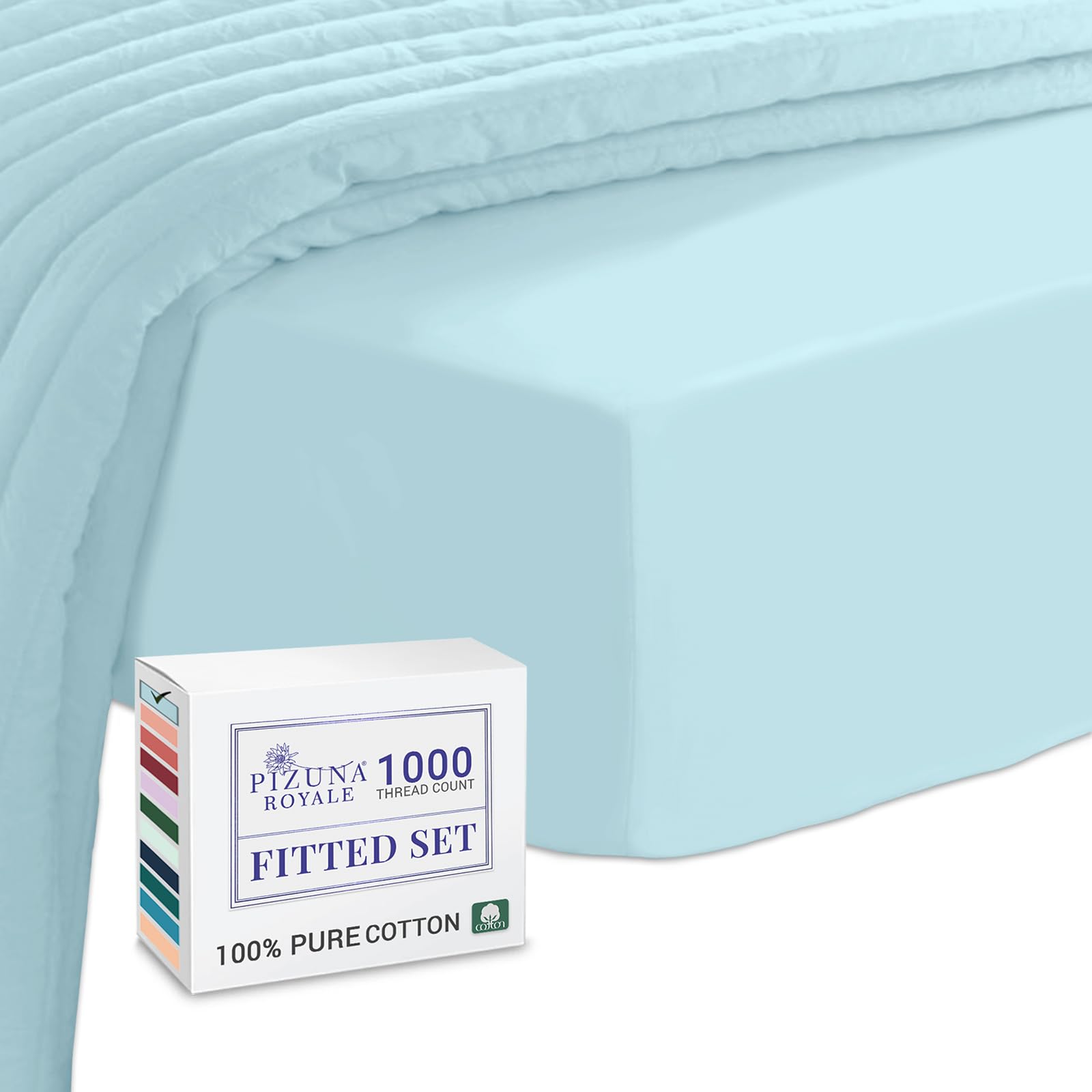 Pizuna Luxurious Cotton EU Single Fitted Sheet Baby Blue 1000 Thread Count | 100% Long Staple Cotton Bed, 100 X 200cm, Sateen Weave Extra Deep 40 Cm Fit - 1 Pc