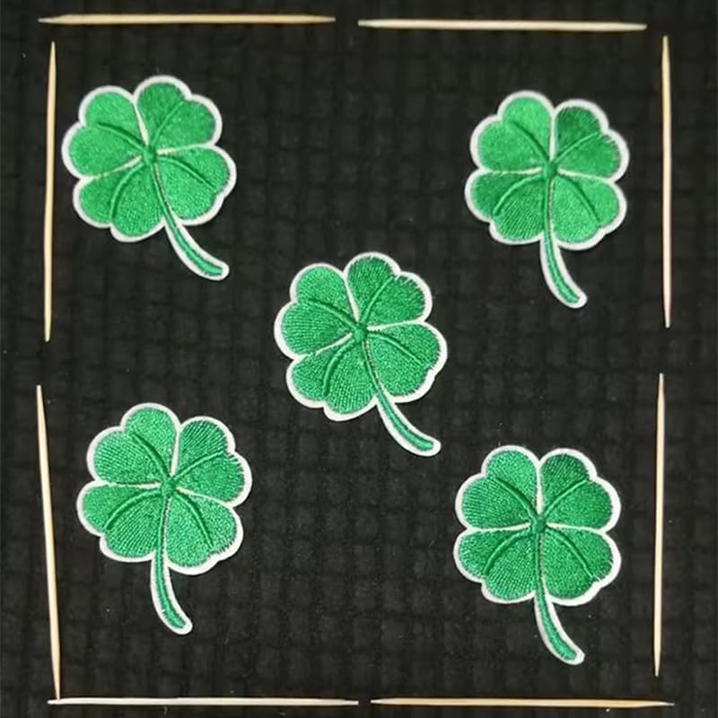5 Pcs Four Leaf Clover Iron On Patch, Green Leaf Embroidered Patches Lucky Shamrock Emblem Sew On Patches for Clothing Arts Crafts