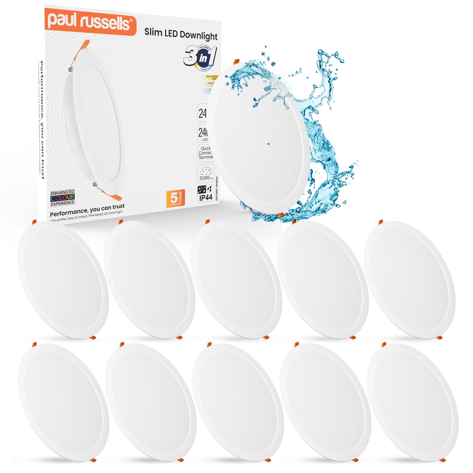 paul russells Bathroom Spot Lights Ceiling, 24W LED Round Panels 3 CCT Light, 2400LM, 3000K,4000K,6500K, Led Downlights spotlights for Ceiling, Panel Lighting (Non-Dimmable), 10 Pack