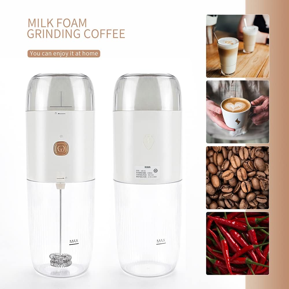 Electric Coffee Grinder Milk Frother 2 In1Portable Coffee Grinder Multifunctional USB Charging Milk Frother Bottle with Brush for Coffee, Latte, Hot Chocolate Office for Home (White)