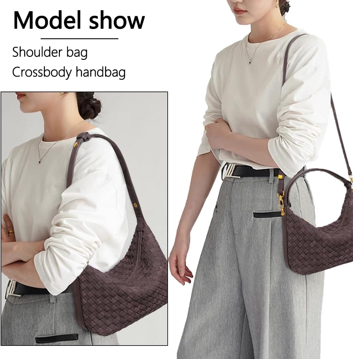 Suede Shoulder Bag for Women Retro Crescent Woven Hobo Purses Slouchy Crossbody Handbag with Adjustable Strap - Image 2