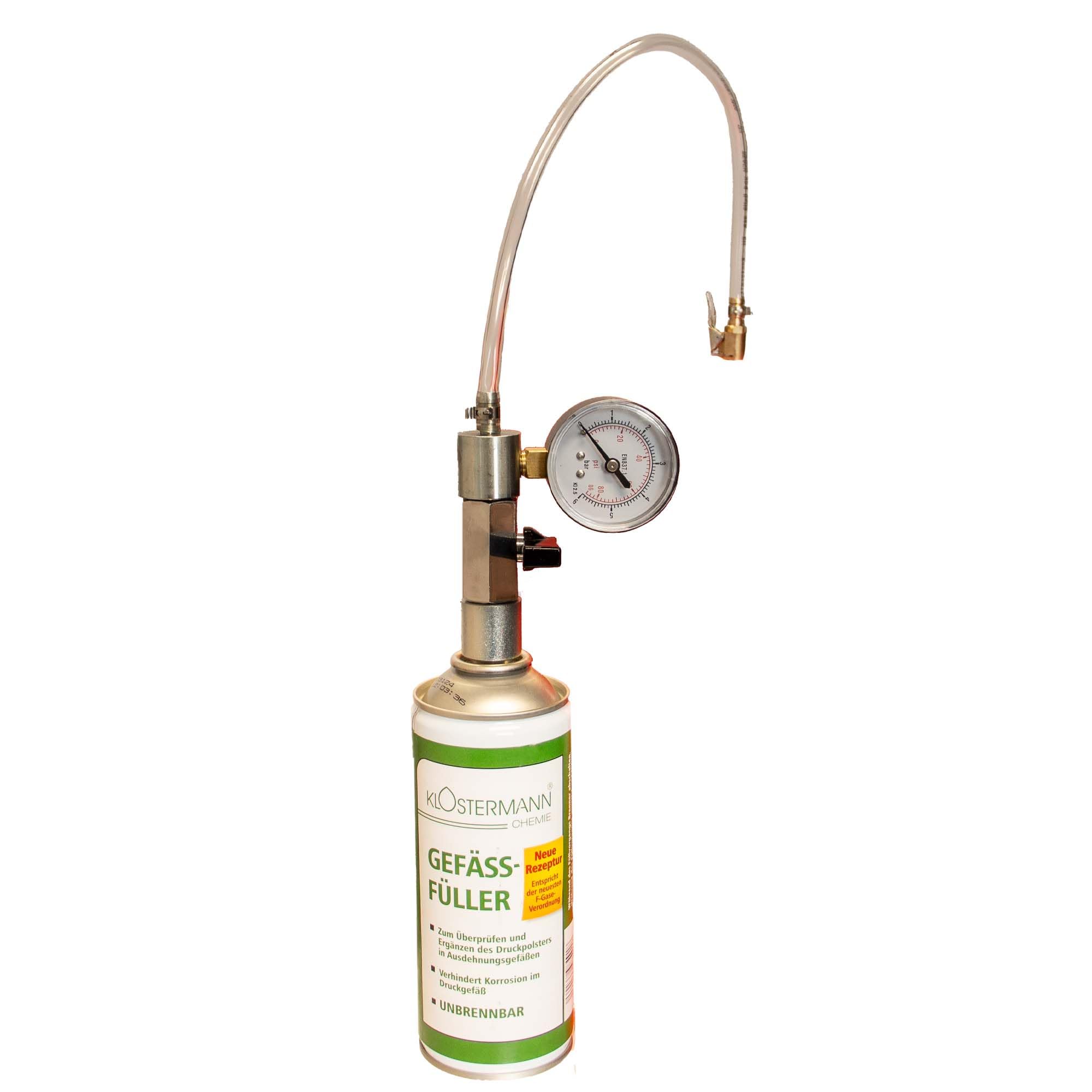 Gefäßfüller (nicht brennbar) 400 ml - Klostermann Chemie 4918 und Anschlussadapter mit Manometer 0-6 bar