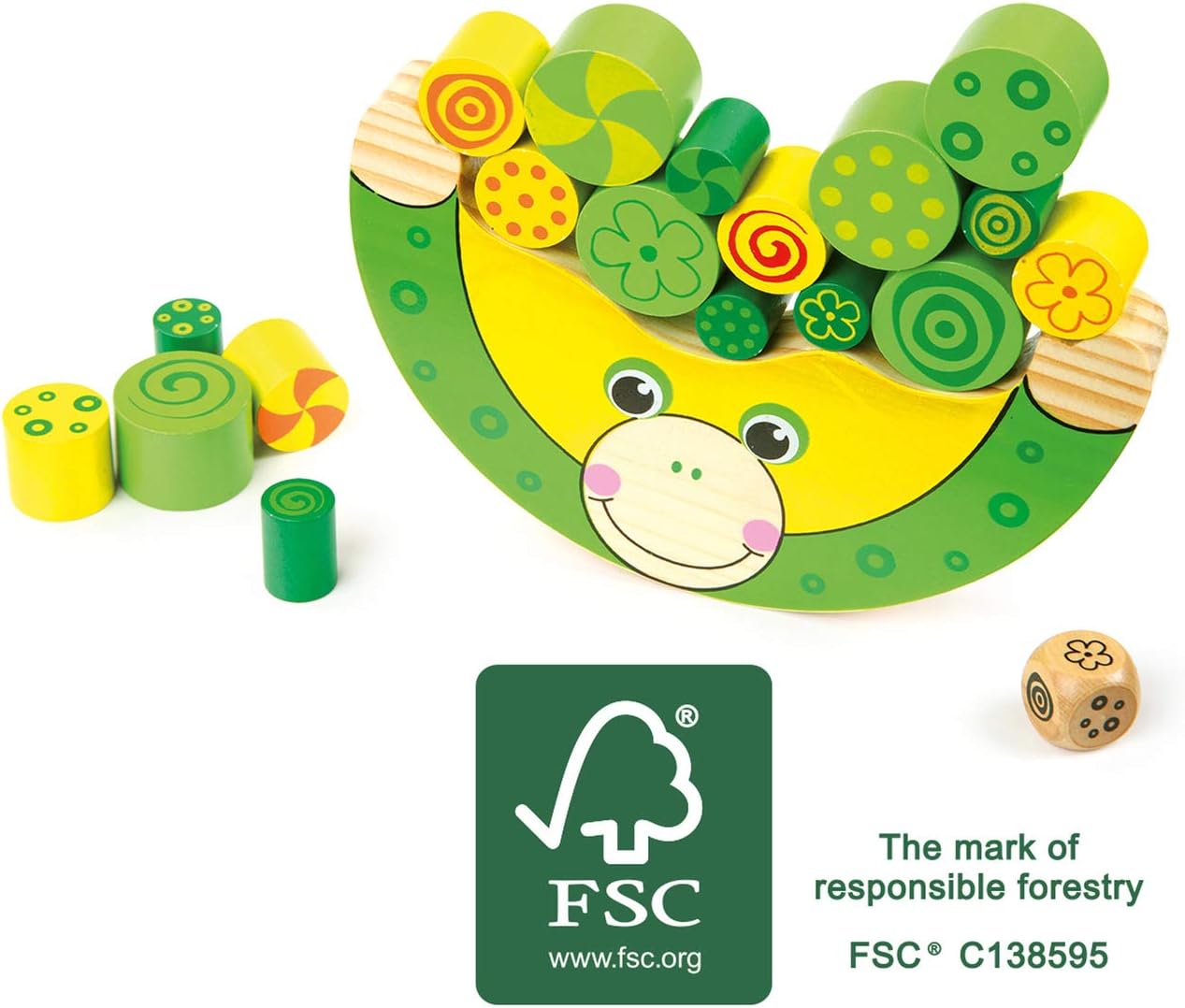 Small Foot Wooden Toys Stacking Frog Balancing Game with dice Move it! Designed for Children Ages 3+